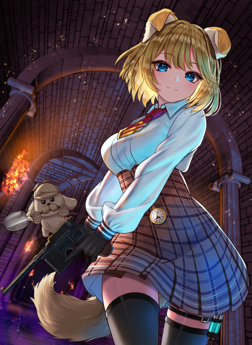 1girl absurdres animal_ears bangs black_legwear blonde_hair blue_eyes breasts brown_skirt bubba_(watson_amelia) closed_mouth collared_shirt commentary_request cowboy_shot deerstalker dog ear english_commentary eyebrows_visible_through_hair fake_animal_ears gun handgun hat high-waist_skirt highres holding holding_weapon hololive hololive_english inari_(ambercrown) indoors long_sleeves looking_at_viewer magnifying_glass mauser_c96 mixed-language_commentary necktie pistol plaid plaid_skirt pocket_watch red_eyes shirt short_hair skirt standing stone_wall tail thighhighs torch virtual_youtuber wall watch watson_amelia weapon white_shirt
