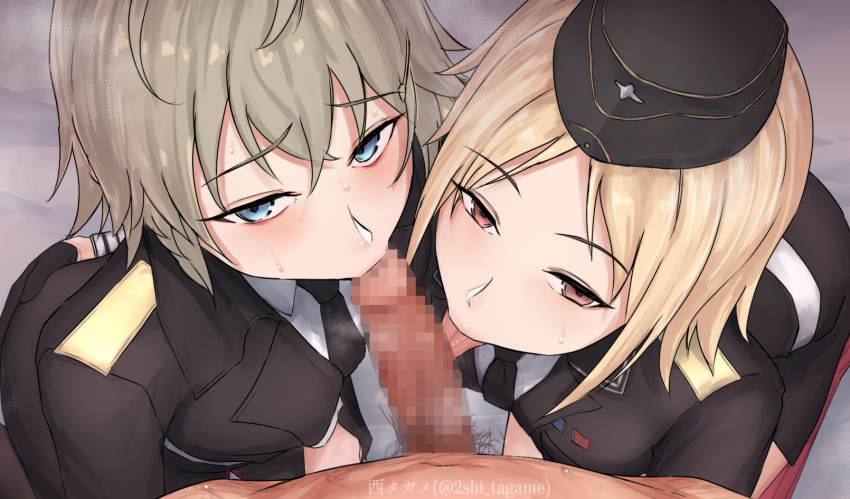 1boy 2girls :&gt;= ass_grab bangs black_gloves blonde_hair blue_eyes brown_eyes censored eyebrows_visible_through_hair fellatio ffm_threesome garrison_cap girls_frontline gloves grabbing_another's_ass grey_hair groping group_sex hat hetero highres jacket licking licking_penis looking_at_viewer military military_uniform mizukamakiri mosaic_censoring mp40_(girls_frontline) mp41_(girls_frontline) multiple_fellatio multiple_girls necktie oral penis pov short_hair threesome tongue tongue_out uniform