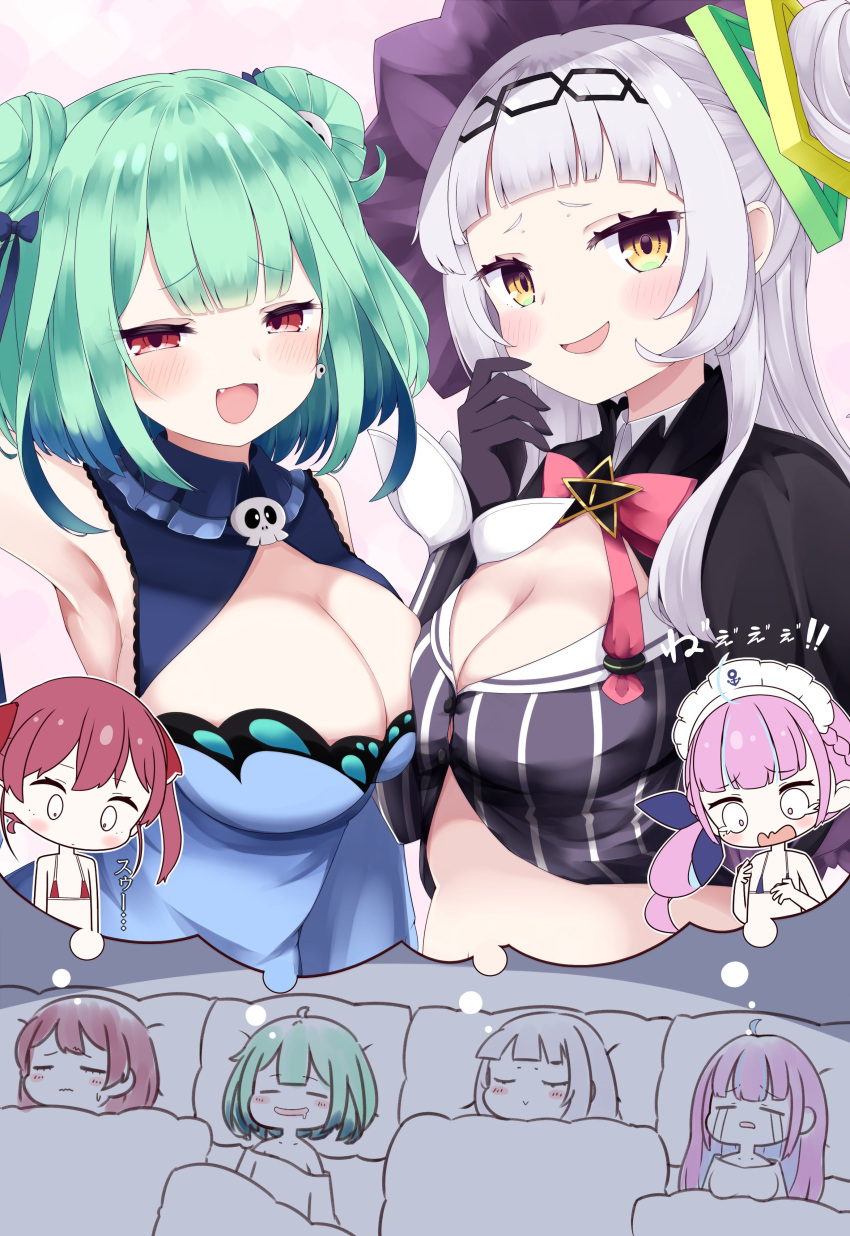 4girls absurdres alternate_breast_size anchor_symbol animal_print armpits bangs bikini bikini_top black_capelet black_gloves blue_bikini blue_dress blue_hair blunt_bangs blush bow bowtie braid breast_press breast_size_switch breasts brooch butterfly_print capelet chibi cleavage closed_eyes cocozasa commentary_request crop_top cropped_shirt crying detached_collar double_bun dreaming dress drooling english_commentary eyebrows_visible_through_hair fang gloves gradient_hair green_hair grey_shirt hair_bow hair_ornament hair_ribbon hairband half_updo hexagram_hair_ornament highres hololive houshou_marine jewelry large_breasts long_hair long_sleeves looking_at_viewer maid_headdress medium_breasts midriff minato_aqua mixed-language_commentary multicolored_hair multiple_girls murasaki_shion necromancer pink_background pink_hair pink_neckwear pinstripe_pattern pinstripe_shirt red_bikini red_eyes red_hair ribbon shirt short_eyebrows short_hair side_bun sidelocks silver_hair skull_hair_ornament smile smug star_(symbol) strapless strapless_dress striped striped_shirt sweatdrop swimsuit symmetrical_docking tilted_headwear translation_request twintails uruha_rushia vertical-striped_shirt vertical_stripes virtual_youtuber yellow_eyes