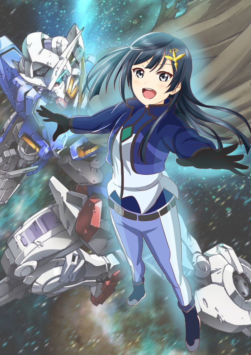 absurdres bangs black_eyes black_gloves black_hair celestial_being_uniform cloak company_connection cropped_jacket crossover exia_repair gloves glowing glowing_eye grey_eyes gundam gundam_00 gundam_exia highres ibadurrohman_hafidh long_hair love_live! love_live!_nijigasaki_high_school_idol_club mecha mobile_suit namesake one_side_up pants science_fiction setsuna_f._seiei sunrise_(company) v-fin yuuki_setsuna_(love_live!)