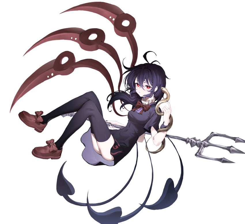 1girl absurdres asymmetrical_wings bangs black_dress black_hair black_legwear blue_wings bow bowtie breasts center_frills commentary dated_commentary dress footwear_bow frilled_dress frills full_body hair_between_eyes highres holding holding_pitchfork houjuu_nue long_hair looking_at_viewer medium_breasts mia_(39565899) pitchfork red_bow red_eyes red_footwear red_neckwear red_wings shoes short_dress short_sleeves simple_background snake solo thighhighs touhou white_background wings wristband