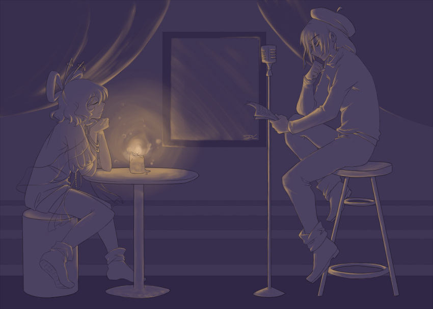 2girls candlelight curtains dl dress hair_ornament hat holding kaku_seiga long_pants long_sleeves medium_hair microphone miyako_yoshika multiple_girls pants shoes short_sleeves sitting stool touhou vintage_microphone