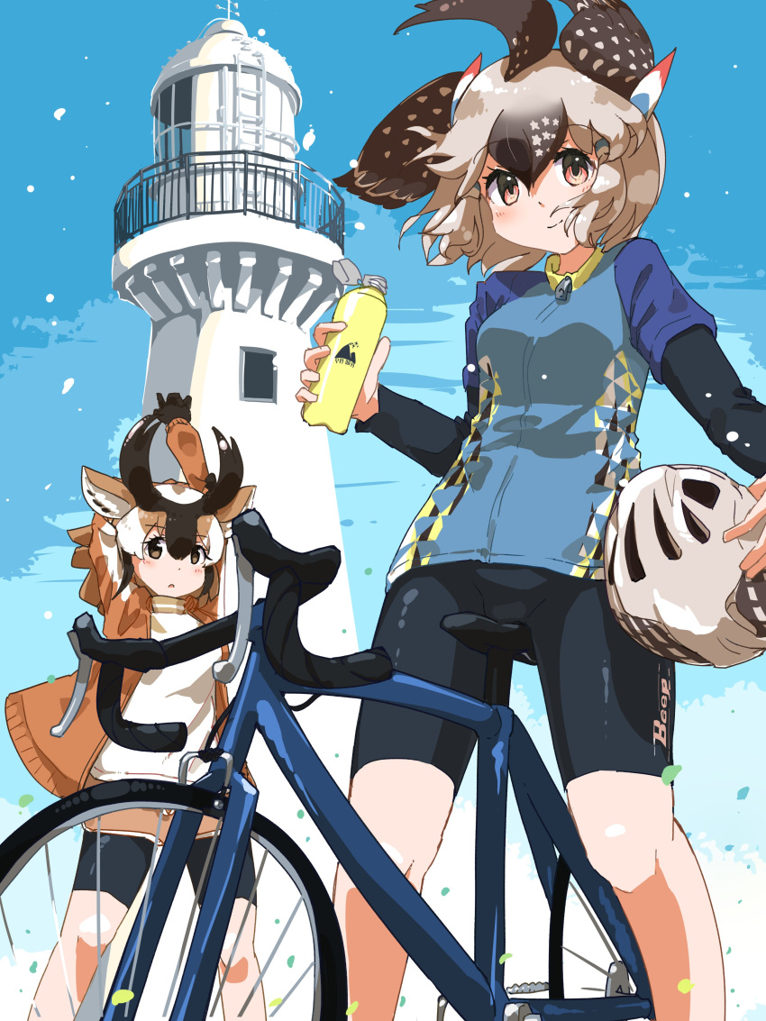 2girls absurdres alternate_costume animal_ears arms_up bangs bicycle bicycle_helmet bike_jersey bike_shorts biker_clothes bikesuit black_hair brown_eyes brown_hair closed_mouth contemporary day eyebrows_visible_through_hair feet_out_of_frame floating_hair gloves greater_roadrunner_(kemono_friends) grey_hair ground_vehicle hair_between_eyes hair_tubes hand_up helmet highres holding horizontal_pupils horns iwa_(iwafish) jacket kemono_friends layered_sleeves light_smile lighthouse long_sleeves looking_at_viewer medium_hair multicolored_hair multiple_girls no_tail open_mouth outdoors pronghorn_(kemono_friends) red_eyes short_over_long_sleeves short_sleeves sky standing sweatshirt white_hair wind zipper zipper_pull_tab