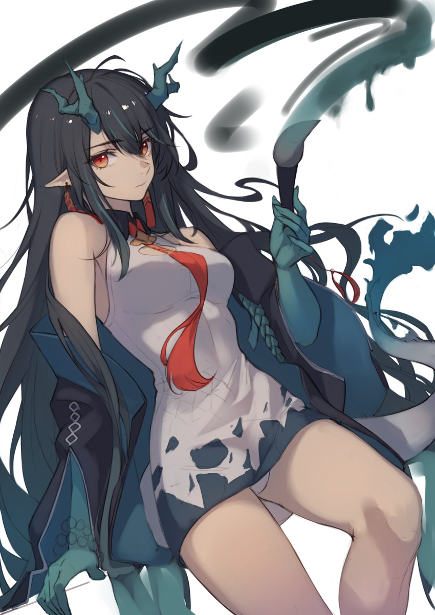 1girl absurdres aqua_skin arknights baek_hyang black_hair breasts china_dress chinese_clothes colored_skin commentary dragon_girl dragon_horns dragon_tail dress dusk_(arknights) highres holding holding_paintbrush horns long_hair looking_at_viewer medium_breasts necktie paintbrush panties pantyshot red_eyes red_neckwear solo tail tail-tip_fire underwear very_long_hair white_background white_dress white_panties work_in_progress