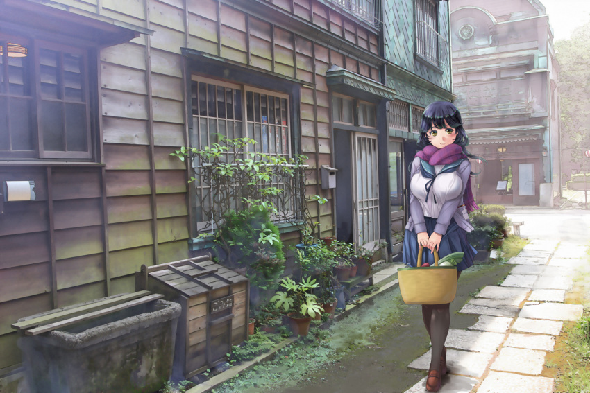 1girl alternate_costume basket black_hair black_legwear blue_skirt breasts brown_eyes brown_footwear building day holding holding_basket kantai_collection kantori large_breasts loafers long_hair long_sleeves outdoors pleated_skirt scarf shoes skirt solo ushio_(kancolle) walking