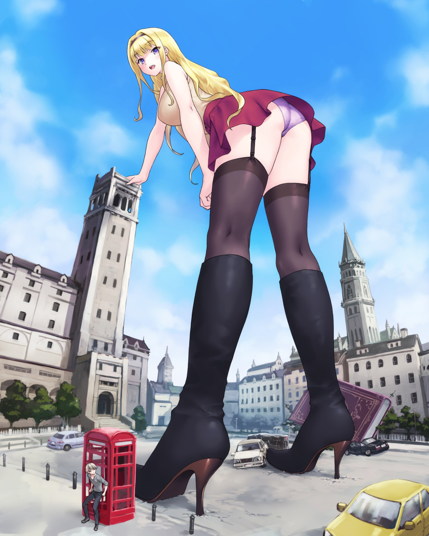 1boy 1girl :d arm_support ass black_footwear black_legwear blonde_hair book boots building car cloud garter_straps giant giant_book giantess grimoire ground_vehicle hairband high_heel_boots high_heels highres knee_boots kneepits lamppost leaning_forward motor_vehicle open_mouth original outdoors oversized_object panties pants pantyshot phone_booth purple_eyes purple_panties red_skirt shirt size_difference skirt sky sleeveless sleeveless_shirt smile standing teston thighhighs tower underwear