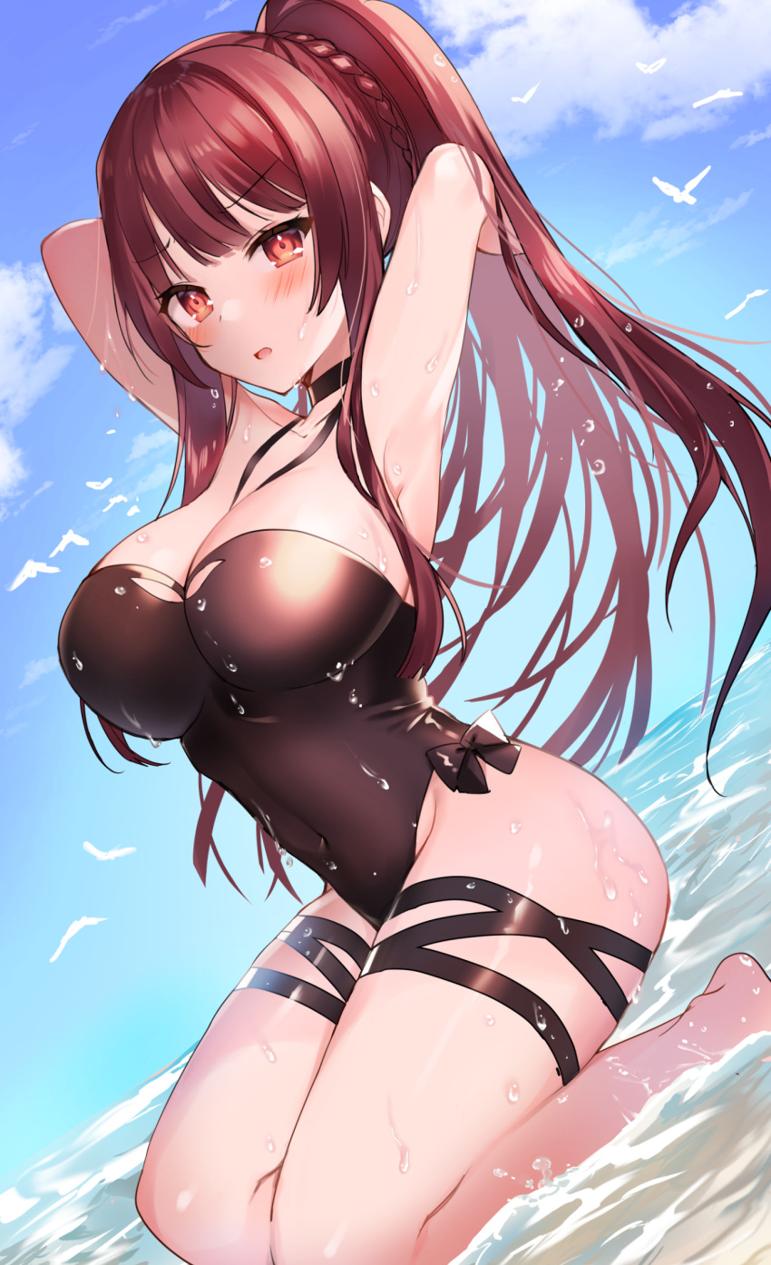 1girl armpits arms_behind_head arms_up bare_arms bare_shoulders beach black_choker black_swimsuit braid breasts choker cleavage day dutch_angle frown girls_frontline highres large_breasts long_hair looking_at_viewer manya_drhr one-piece_swimsuit outdoors ponytail red_eyes red_hair seiza sitting solo swimsuit thighs wa2000_(girls_frontline) water wet