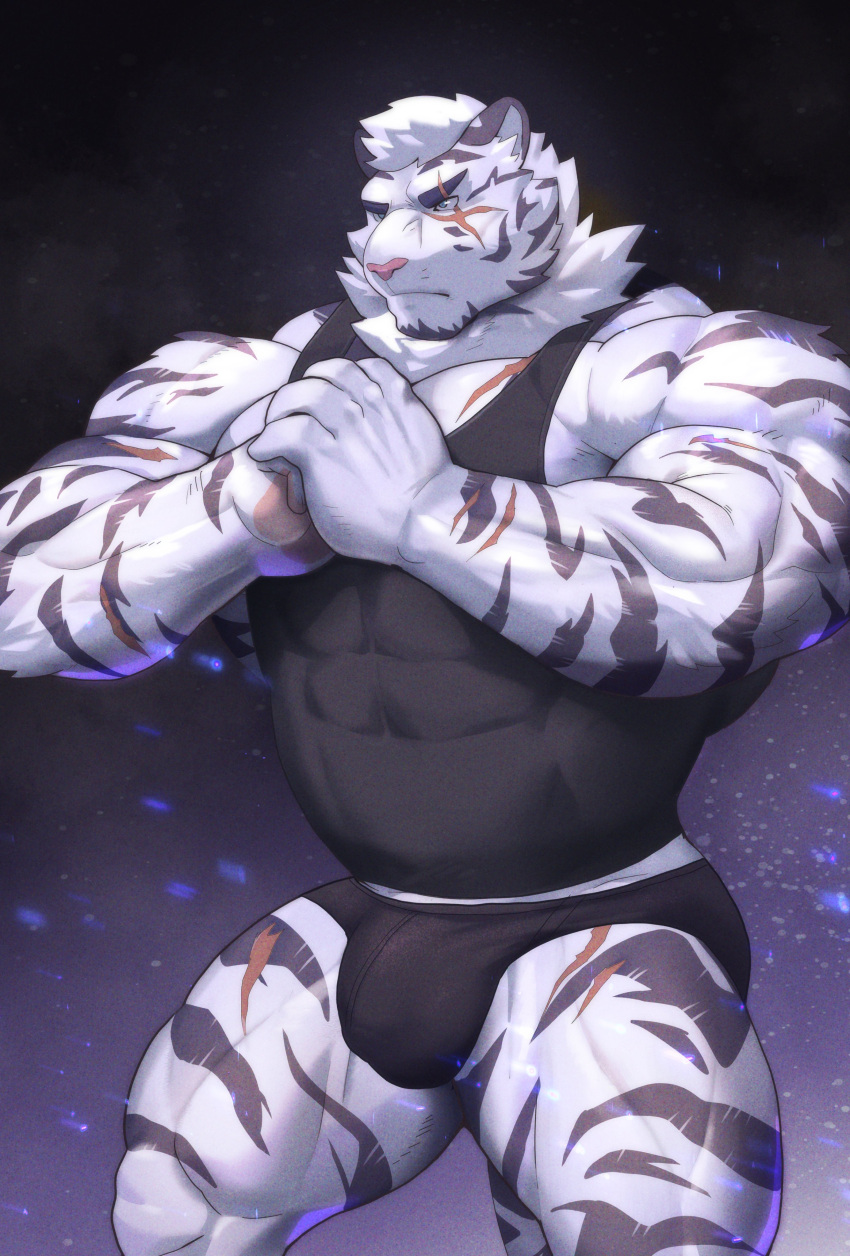 1boy absurdres animal_ears arknights bandaged_hands bandages bara bare_shoulders black_male_underwear black_tank_top briefs bulge covered_abs covered_navel cowboy_shot eyebrow_cut frown furry highres kusu_(x_kusunagi_x) male_cleavage male_focus male_underwear mountain_(arknights) muscular muscular_male no_pants own_hands_together pectorals reward_available scar scar_across_eye scar_on_arm scar_on_chest scar_on_leg shirt short_hair sidepec solo tank_top thick_thighs thighs tiger_boy tiger_ears tight tight_shirt underwear white_fur white_hair