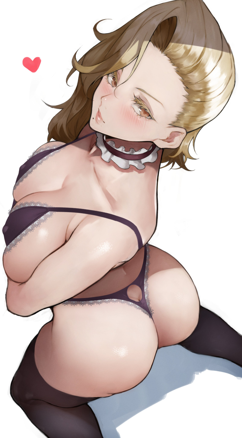 1girl absurdres ass back ballroom_e_youkoso bangs bare_shoulders black_bra black_legwear black_panties blonde_hair blush bra breasts cleavage collarbone covered_nipples forehead heart highres hyoudou_marisa kneeling lace-trimmed_bra lace-trimmed_panties lace_trim large_breasts long_hair looking_at_viewer mole mole_under_mouth panties thighhighs underwear yellow_eyes yoshio_(55level)