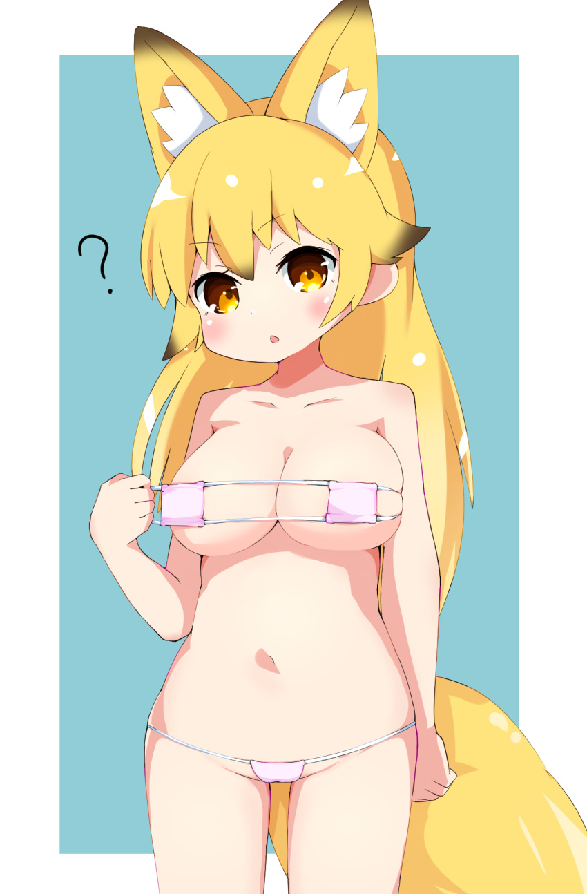 1girl :o ? animal_ear_fluff animal_ears berusa_(berutoo) blue_background blush commentary_request cowboy_shot eyepatch_bikini ezo_red_fox_(kemono_friends) fox_ears fox_tail highres kemono_friends kemono_friends_3 looking_at_viewer navel simple_background solo tail yellow_eyes