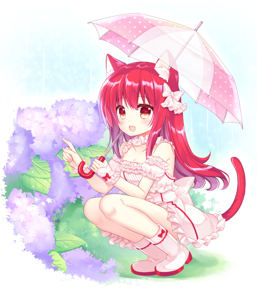 1girl :d animal_ear_fluff animal_ears bangs bare_shoulders blush boots bow cat_ears cat_girl cat_tail commentary_request detached_sleeves dress eyebrows_visible_through_hair flower full_body hair_between_eyes hair_bow highres holding holding_umbrella hydrangea long_hair open_mouth original polka_dot polka_dot_umbrella puffy_short_sleeves puffy_sleeves purple_flower red_bow red_eyes red_hair shikito short_sleeves sleeveless sleeveless_dress smile solo squatting tail umbrella very_long_hair white_background white_bow white_dress white_footwear white_sleeves wrist_cuffs