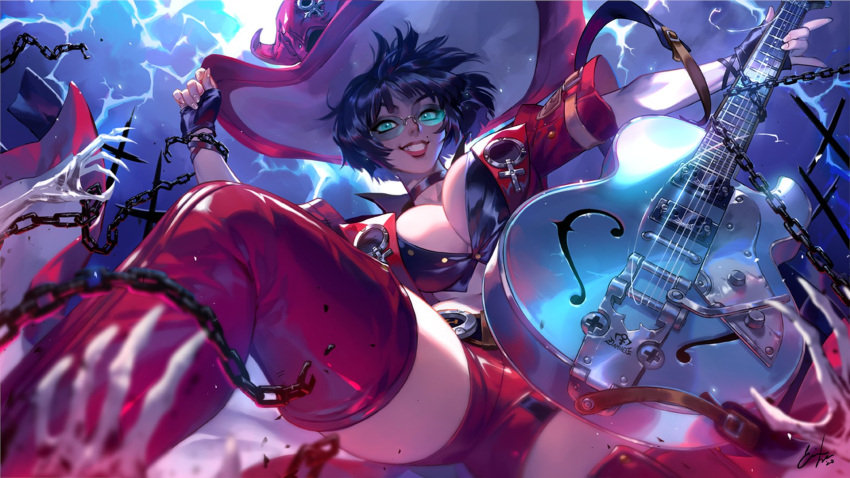 1girl black_hair chain ein_lee electric_guitar english_commentary fingerless_gloves foreshortening from_below gloves grin guilty_gear guilty_gear_strive guitar hat highres i-no instrument jacket looking_at_viewer official_art red_headwear red_jacket red_legwear second-party_source short_hair short_shorts shorts smile sunglasses thighhighs thunder tinted_eyewear venus_symbol very_short_hair witch_hat