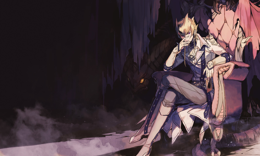 1boy blonde_hair boots choker covering_mouth crossed_legs dragon duel_monster ebira fingernails glowing glowing_eyes hand_over_own_mouth jack_atlas jewelry long_coat long_sleeves male_focus orange_eyes purple_eyes red_dragon_archfiend short_hair sitting spiked_hair throne yu-gi-oh! yu-gi-oh!_5d's