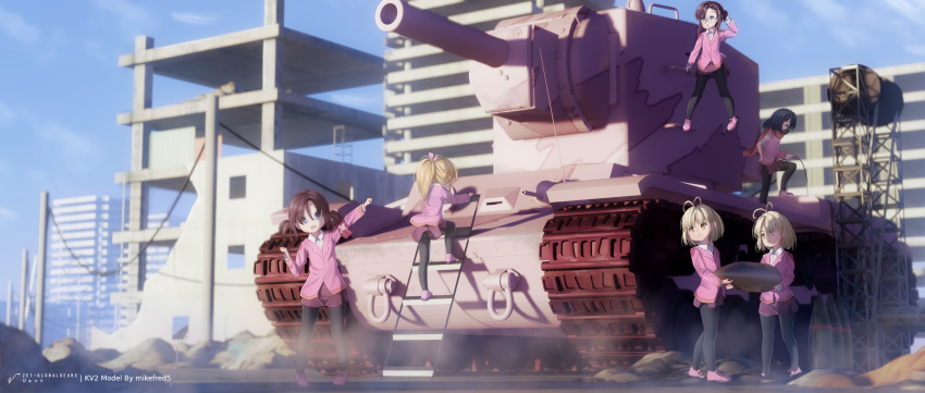 6+girls black_hair blonde_hair blue_eyes brown_hair building caterpillar_tracks child cloud day dust glasses gloves ground_vehicle highres kv-2 ladder mask military military_vehicle motor_vehicle multiple_girls original ponytail ruins scarf shirt shoes shorts siblings side_ponytail signature skirt smile tank tank_(container) tank_shell thighhighs twins twintails utility_pole zet_(globalgears)
