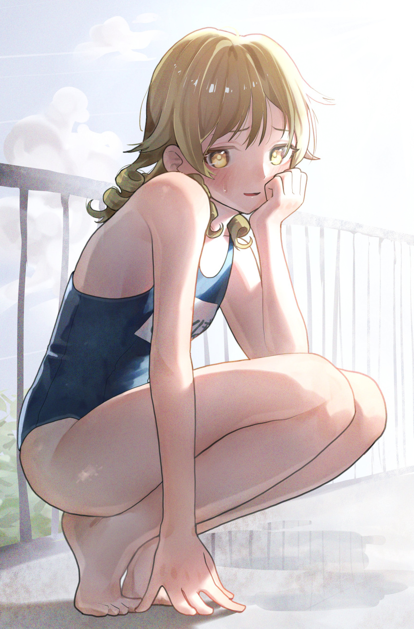 1girl absurdres barefoot blue_sky blue_swimsuit brown_eyes cloud commentary_request day drill_hair highres idolmaster idolmaster_cinderella_girls legs light_brown_hair long_hair looking_at_viewer morikubo_nono namesake ningen_mame outdoors puddle ringlets school_swimsuit sky solo squatting swimsuit