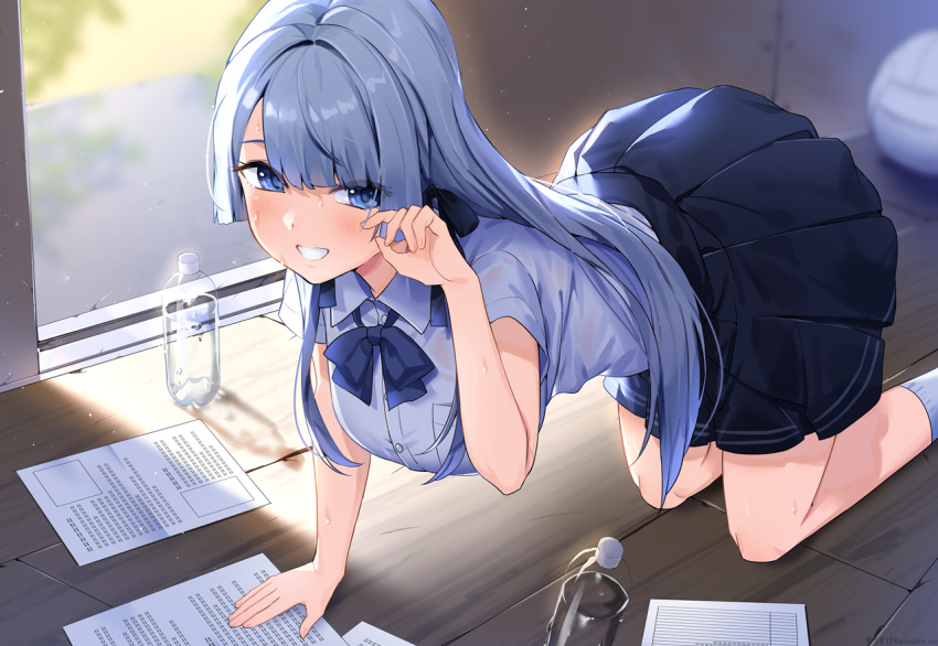 1girl all_fours arm_support bangs black_skirt blue_bow blue_eyes blue_hair blue_neckwear blue_shirt blush bottle bow bowtie breasts collared_shirt commentary dress_shirt eyes_visible_through_hair grin hand_up indoors large_breasts long_hair looking_at_viewer original paper pleated_skirt school_uniform shirt short_sleeves skirt smile solo suusuke very_long_hair water_bottle wooden_floor