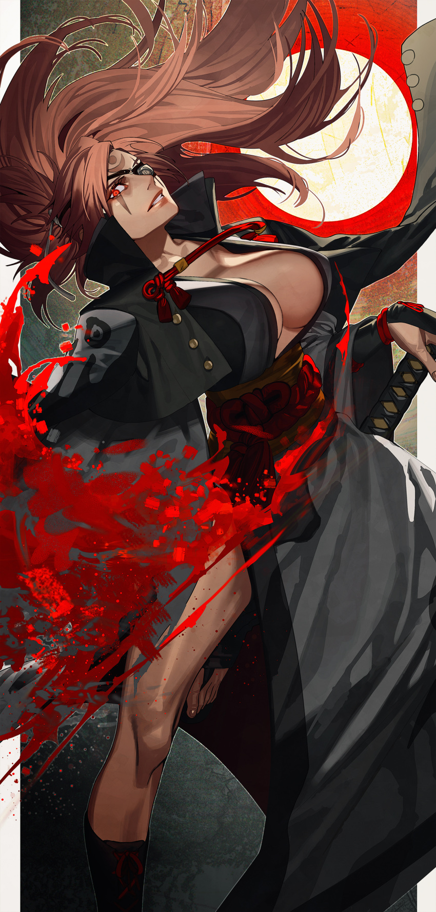 1girl absurdres amputee baiken big_hair black_jacket black_kimono breasts cleavage eyepatch facial_tattoo guilty_gear guilty_gear_xrd highres holding holding_sword holding_weapon jacket jacket_on_shoulders japanese_clothes katana kimono large_breasts multicolored multicolored_clothes multicolored_kimono one-eyed open_clothes open_kimono parted_lips pink_hair ponytail red_eyes sash scar scar_across_eye sokuse_kienta sword tattoo thighs weapon white_kimono