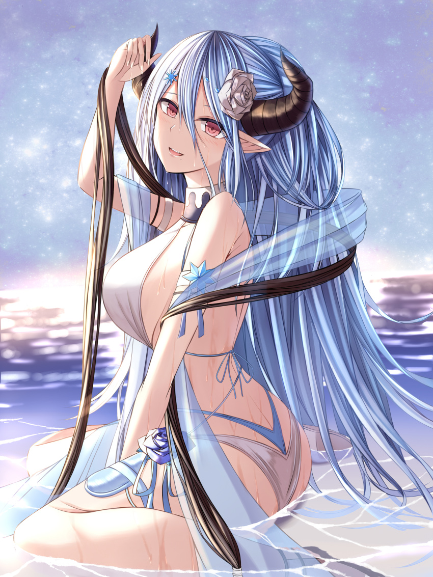 1girl absurdres blush breasts draph granblue_fantasy highres horns izmir kanpyou_(hghgkenfany) kneeling large_breasts light_blue_hair long_hair official_alternate_costume partially_submerged pointy_ears red_eyes solo very_long_hair wet