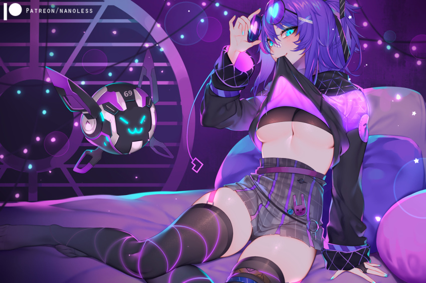 1girl 69 arm_support artist_name bandaid bandaid_on_nose bandeau bed black_legwear black_shirt blue_eyes blue_hair blue_nails blush breasts clothes_lift eyewear_on_head garter_straps glasses glowing grey_skirt heart high-waist_skirt indoors large_breasts lifted_by_self long_sleeves looking_at_viewer melody_(projektmelody) miniskirt mouth_hold nanoless no_bra official_alternate_costume on_bed pillow pink_shirt projektmelody purple_belt round_eyewear shirt shirt_lift short_ponytail sitting skirt solo t0m_(projektmelody) thighhighs thighs underboob virtual_youtuber vshojo