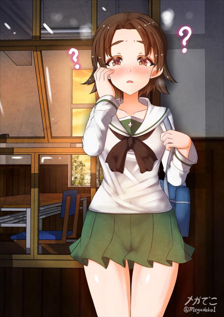1girl ? aquaegg blush breasts brown_hair classroom collarbone eyebrows_visible_through_hair girls_und_panzer hand_on_own_face highres looking_at_viewer microskirt ooarai_school_uniform open_mouth pleated_skirt sawa_azusa school_uniform shiny shiny_hair shiny_skin short_hair skirt small_breasts solo sweat window