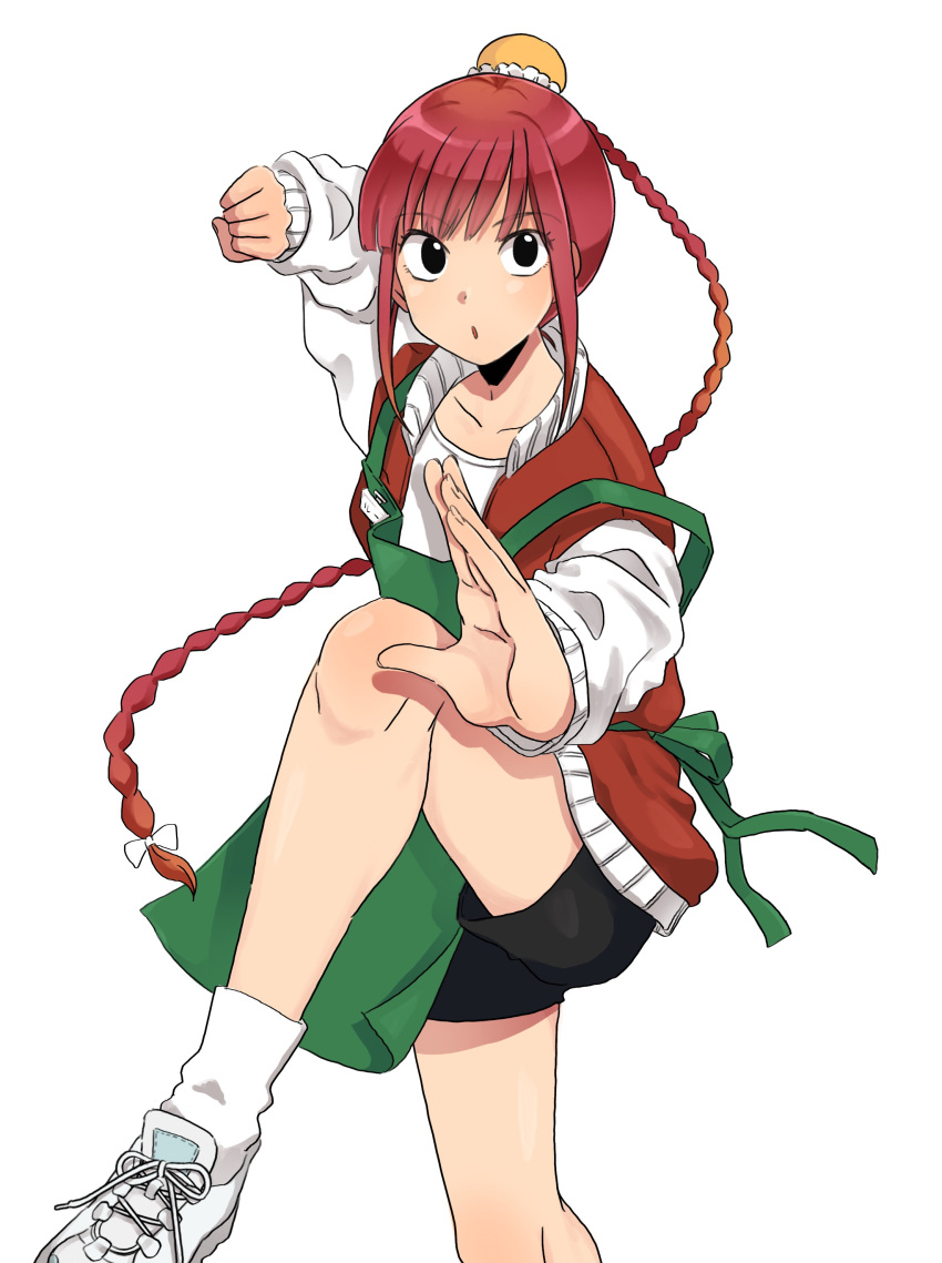 1girl absurdres apron black_eyes black_shorts braid chiiko_(handakuon) clenched_hand fighting_stance foreshortening highres long_sleeves looking_at_viewer lu_xiaotang red_hair sakamoto_days shirt shoes shorts simple_background sneakers solo white_background white_footwear white_legwear white_shirt