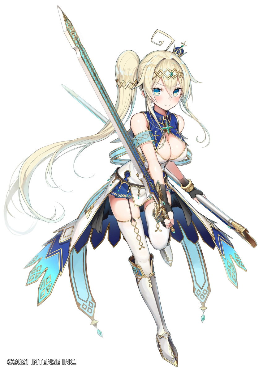 1girl absurdres ahoge bangs bare_shoulders blonde_hair blue_eyes blush boots breasts circlet cleavage cleavage_cutout closed_mouth clothing_cutout crossed_bangs crown full_body greatmosu hair_between_eyes high_heel_boots high_heels highres holding holding_sheath holding_sword holding_weapon large_breasts long_hair looking_at_viewer metal_boots microskirt mini_crown pleated_skirt scabbard sheath shojo_calibur side_ponytail sidelocks skirt smile solo standing standing_on_one_leg sword tailcoat thighhighs unsheathed very_long_hair watermark weapon white_background white_legwear wing_collar