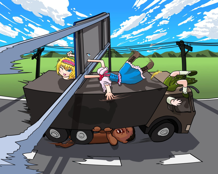1boy 2girls alice_margatroid anatomical_nonsense bangs blonde_hair blue_dress blue_eyes blue_sky boots brown_footwear capelet cloud commentary_request cookie_(touhou) day disembodied_eye dress eyebrows_visible_through_hair field frilled_hairband frills full_body gang_beasts glitch green_footwear green_skirt ground_vehicle hair_between_eyes hairband highres highway ichigo_(cookie) manatsu_no_yo_no_inmu motion_blur motor_vehicle mountainous_horizon mouse_tail multiple_girls nazrin nyon_(cookie) open_mouth outdoors pai_kebon_baa pink_capelet pink_hairband power_lines road road_sign shirt shoes short_hair sign skirt sky smile socks tail touhou truck utility_pole what white_legwear white_shirt yajuu_senpai