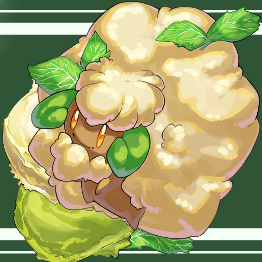 cauliflower closed_mouth commentary_request fluffy full_body gen_5_pokemon green_background highres leaf mian_(3zandora) no_humans orange_eyes pokemon pokemon_(creature) smile solo whimsicott