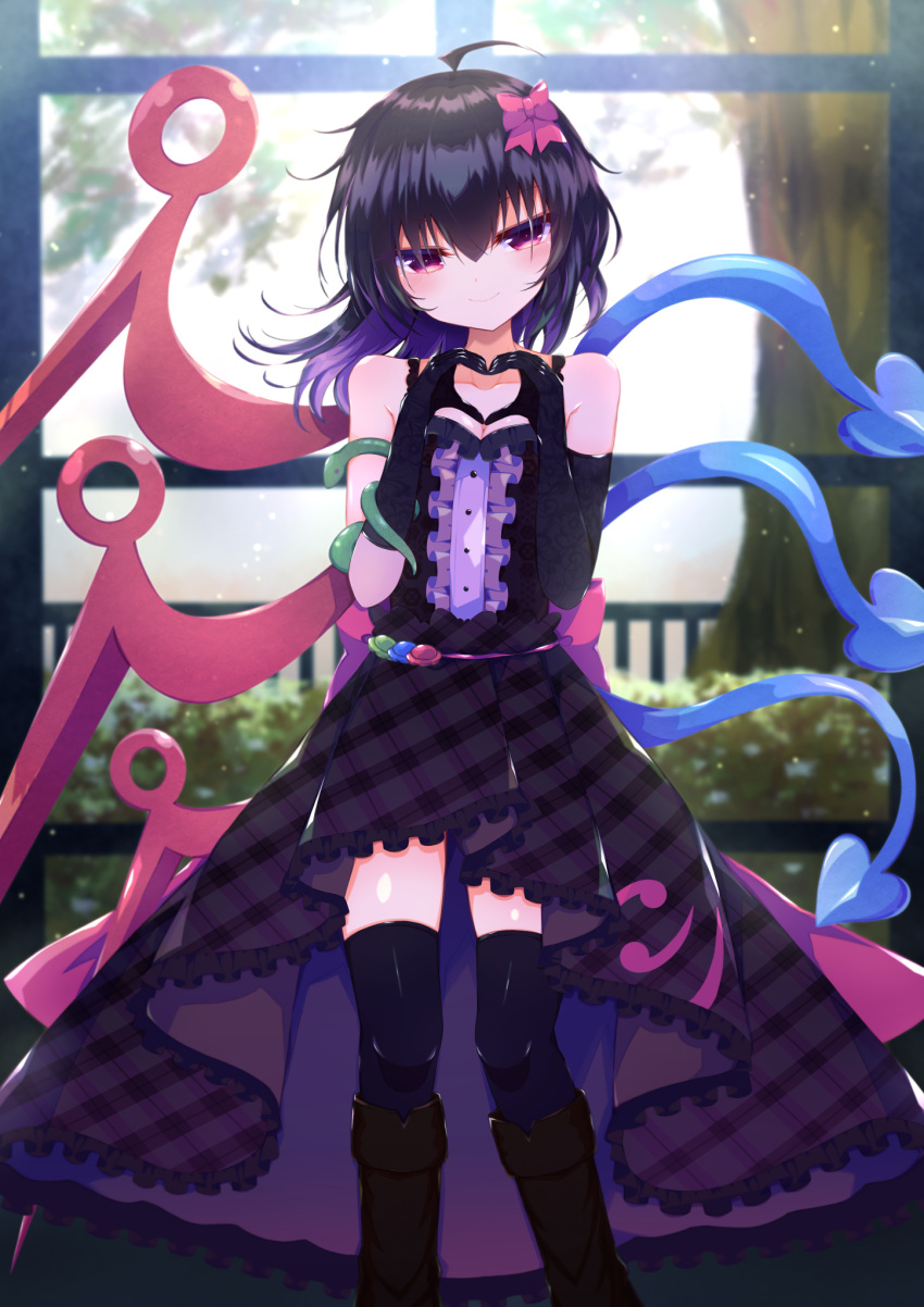 1girl adapted_costume asymmetrical_wings bangs black_dress black_footwear black_gloves black_hair black_legwear blue_wings blush boots buttons center_frills closed_mouth commentary_request dress elbow_gloves feet_out_of_frame frilled_dress frills gloves hair_between_eyes heart heart_hands highres houjuu_nue indoors looking_at_viewer medium_hair mismatched_gloves red_eyes red_wings sleeveless sleeveless_dress smile snake solo thighhighs tomoe_(fdhs5855) touhou tree ufo window wings