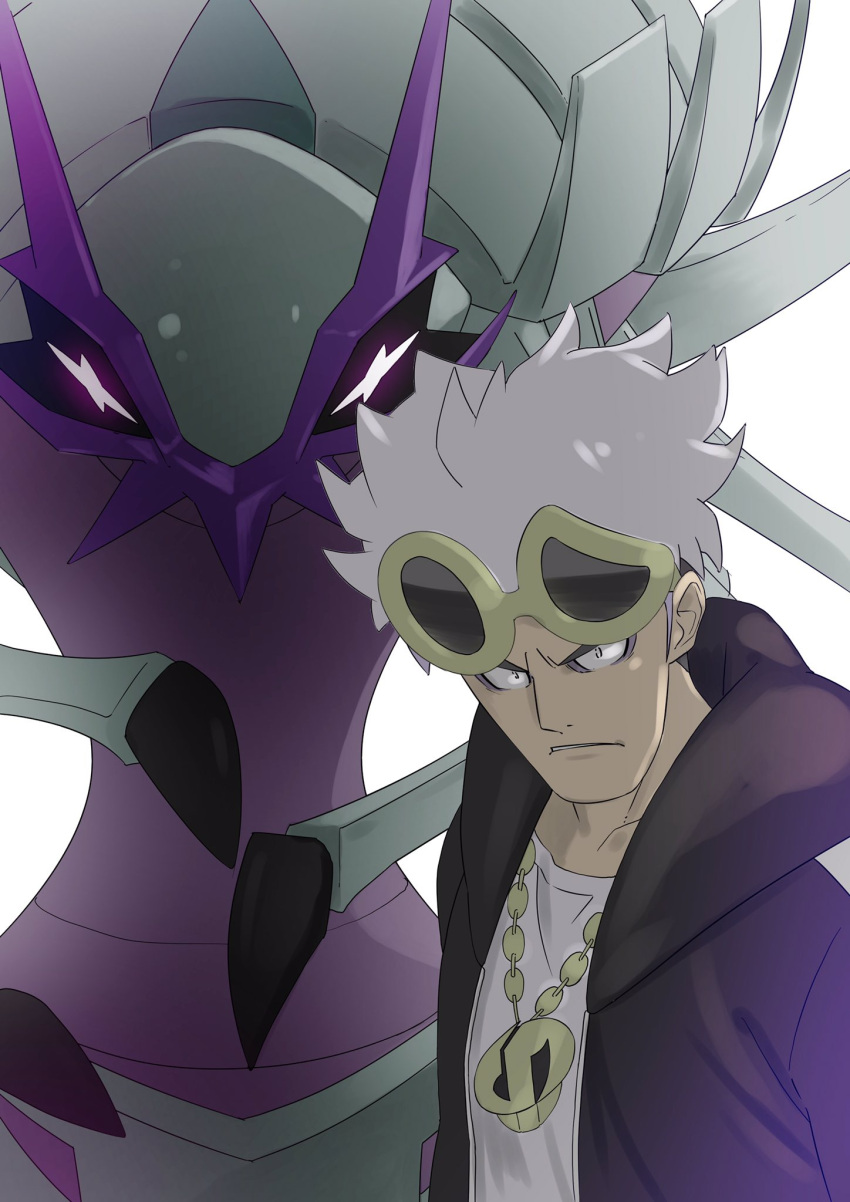 1boy black_hair brown_jacket commentary_request eyeshadow eyewear_on_head frown gen_7_pokemon golisopod guzma_(pokemon) highres hood hood_down hooded_jacket jacket looking_to_the_side makeup male_focus multicolored_hair ohashi_aito parted_lips pokemon pokemon_(creature) pokemon_(game) pokemon_sm shirt sunglasses team_skull two-tone_hair undercut white_background white_hair white_shirt yellow-framed_eyewear