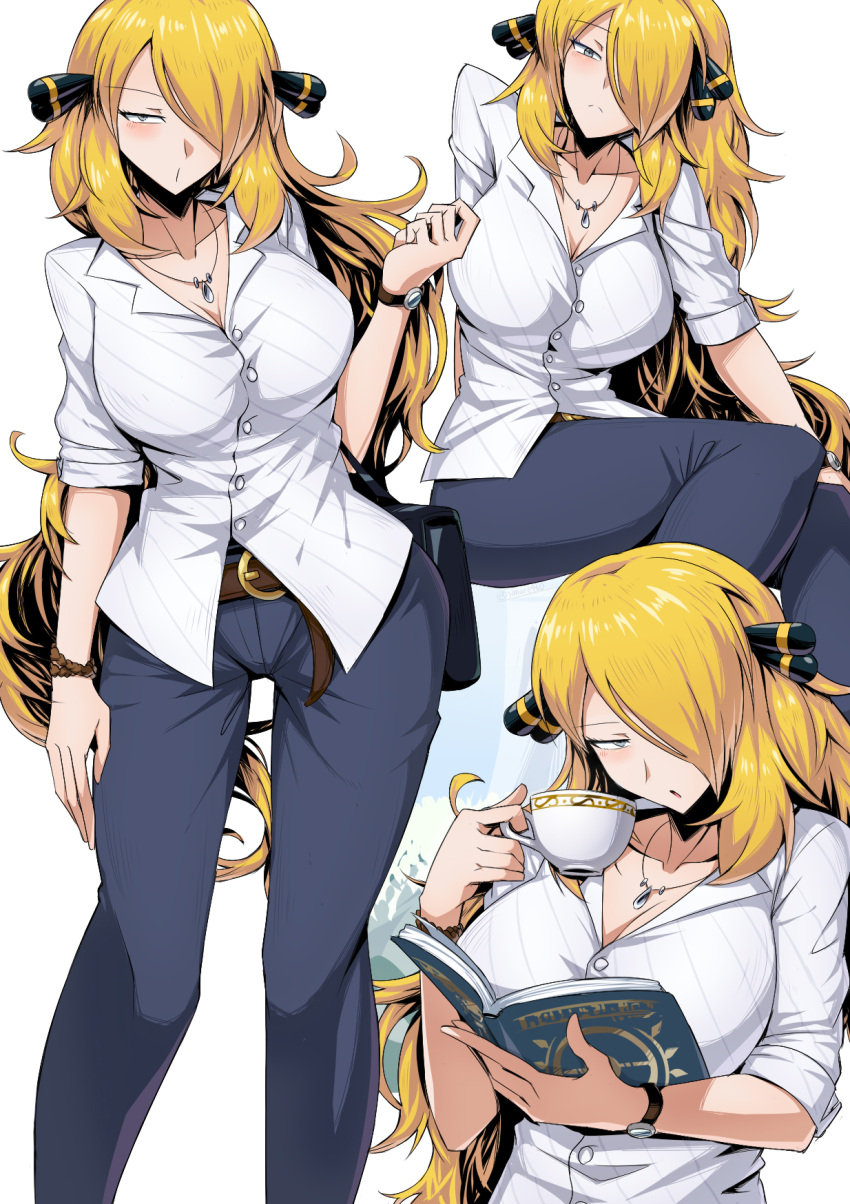 1girl belt blonde_hair blue_pants book breasts brown_belt cleavage commentary_request cup cynthia_(pokemon) eyebrows_visible_through_hair hair_ornament hair_over_one_eye highres holding holding_book holding_cup jewelry large_breasts long_hair looking_at_viewer multiple_views necklace pants pokemon pokemon_(game) pokemon_dppt shimure_(460) shirt simple_background teacup very_long_hair white_background white_shirt