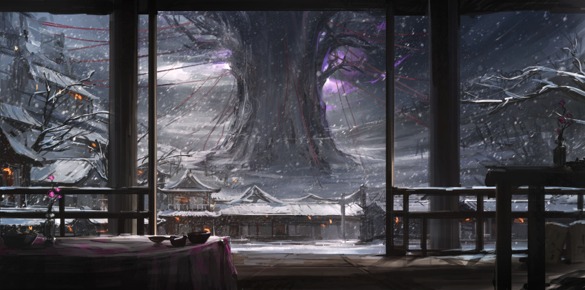 absurdres bowl building cherry_blossoms dark_sky forest glowing_lines hakugyokurou highres nature no_humans palace perfect_cherry_blossom saigyou_ayakashi scenery snow snowing table touhou tree vase wooden_floor xumi