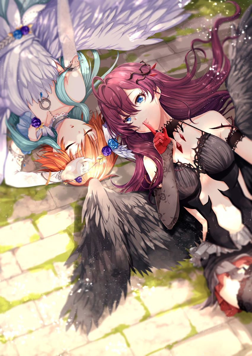 2girls absurdres bare_shoulders black_gloves black_legwear black_wings blue_eyes blue_hair breasts brick_road brown_hair closed_eyes commentary_request dimension-3_(idolmaster) dress elbow_gloves feathered_wings gloves highres ichinose_shiki idolmaster idolmaster_cinderella_girls large_breasts long_hair lying multicolored_hair multiple_girls navel ninomiya_asuka on_back orange_hair red_gloves thighhighs two-tone_gloves two-tone_hair white_dress white_wings wings yanato_(e-huxe)