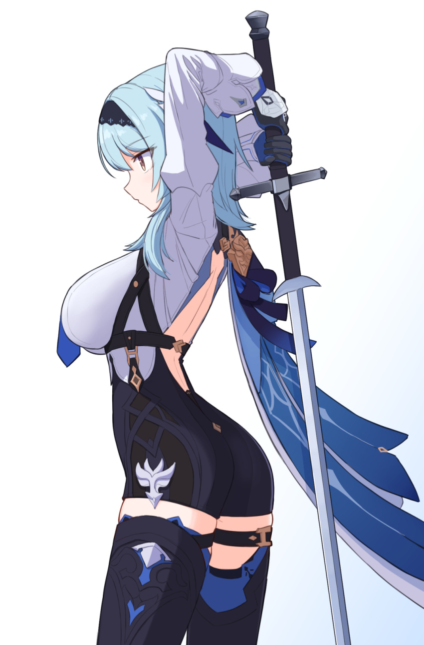 1girl ass back black_legwear blue_eyes blue_hair blue_neckwear boots breasts eula_lawrence from_side genshin_impact gloves hairband highres holding holding_sword holding_weapon jagd large_breasts legs leotard long_sleeves necktie purple_eyes short_hair simple_background sleeves solo sword thigh_boots thighhighs thighs two-handed_sword weapon