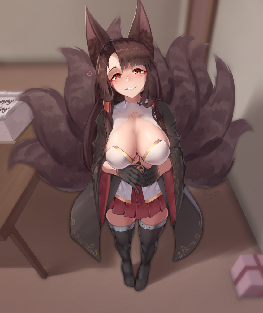 1girl akagi_(azur_lane) animal_ears azur_lane black_gloves black_kimono black_legwear box breasts brown_hair brown_tail cake cleavage cleavage_cutout clothing_cutout filin food fox_ears full_body gift gift_box gloves happy_birthday heart highres indoors japanese_clothes kimono kitsune kyuubi large_breasts long_hair looking_at_viewer looking_up miniskirt multiple_tails open_clothes open_kimono partially_fingerless_gloves pleated_skirt red_eyes red_skirt skirt skirt_under_kimono smile table tail thighhighs wide_sleeves zettai_ryouiki