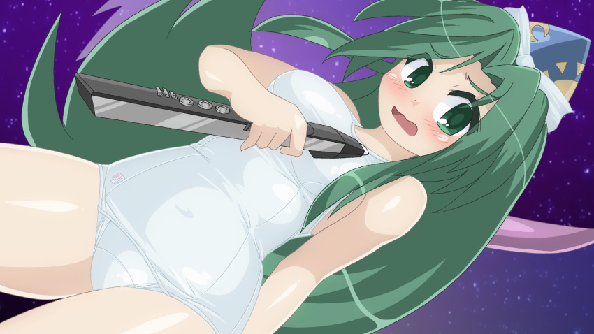 1girl blush bow electric_wind_instrument embarrassed green_eyes green_hair hat highres holding holding_instrument instrument long_hair mima_(touhou) moon_print one-piece_swimsuit open_mouth school_swimsuit solo starry_background sun_print swimsuit touhou touhou_(pc-98) translation_request white_swimsuit winn wizard_hat