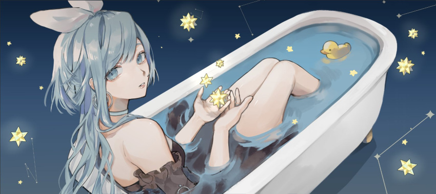 1girl amai_(_amaicandy) bangs bathtub black_dress claw_foot_bathtub detached_sleeves dress earrings english_commentary eyebrows_behind_hair hair_behind_ear hair_ribbon highres indie_virtual_youtuber jewelry long_hair looking_at_viewer looking_back mantou_rei open_hands parted_lips ribbon rubber_duck second-party_source silver_choker silver_ribbon solo star_(symbol) virtual_youtuber