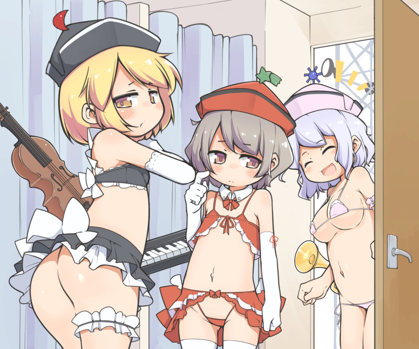 3girls :d ^_^ adapted_costume ass backstage bangs bare_shoulders bikini blonde_hair blush breasts brown_eyes closed_eyes commentary detached_collar door elbow_gloves embarrassed flat_chest gloves grey_hair hat highres instrument keyboard_(instrument) large_breasts leg_garter light_blue_hair lunasa_prismriver lyrica_prismriver merlin_prismriver microskirt multiple_girls no_panties open_door open_mouth orange_eyes revealing_clothes short_hair siblings sisters skirt small_breasts smile swimsuit touhou trumpet turnip_kabura violin white_bikini white_gloves