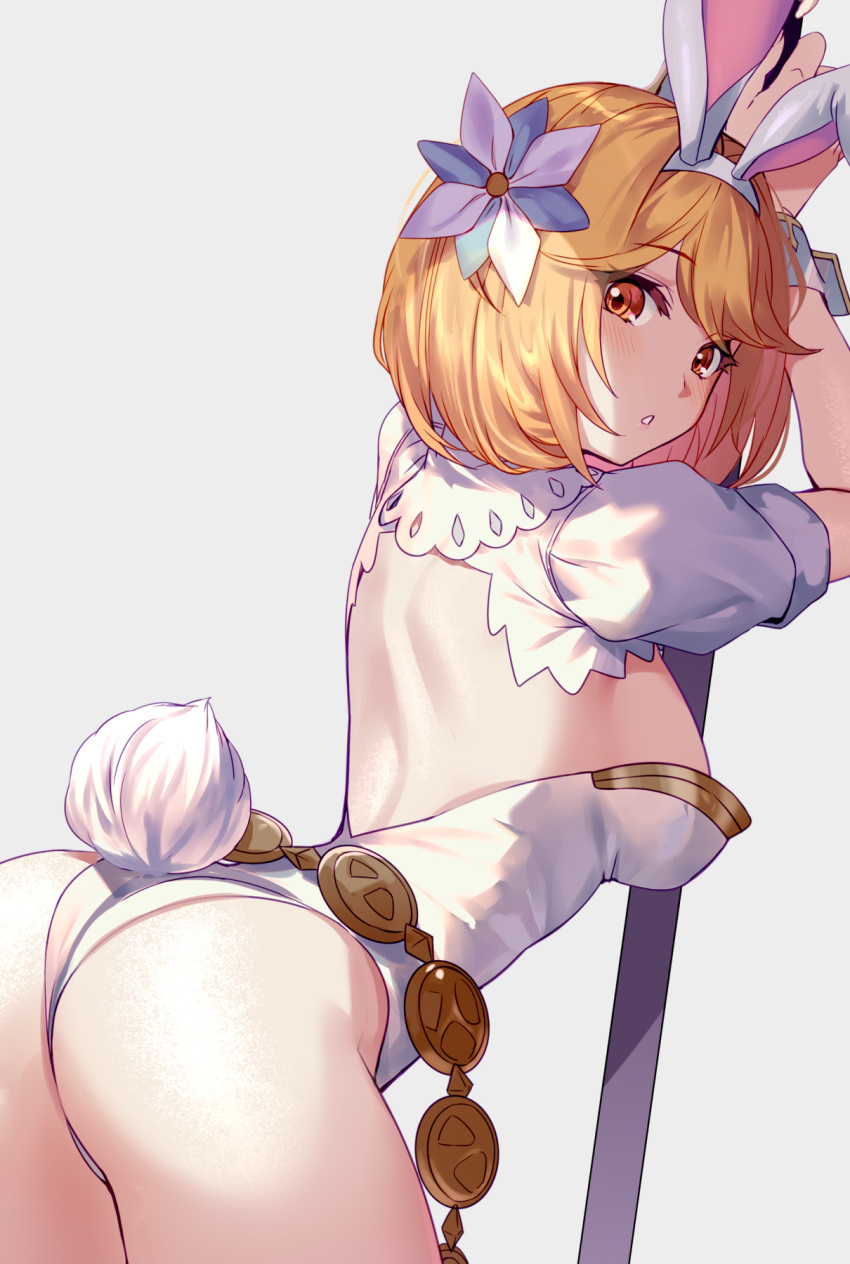 1girl aki663 animal_ears ass back blonde_hair blush breasts brown_eyes bunny_ears bunny_tail djeeta_(granblue_fantasy) fake_animal_ears flower granblue_fantasy hair_flower hair_ornament hairband highres leotard looking_at_viewer looking_back medium_breasts playboy_bunny sage_(granblue_fantasy) short_hair simple_background solo tail white_leotard wrist_cuffs