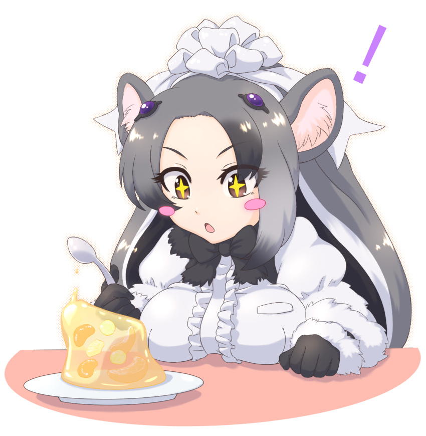 +_+ 1girl animal_ears anteater_ears arm_rest black_hair blouse blush_stickers bow bowtie breast_rest breasts brown_eyes eyes_visible_through_hair food fur_collar fur_trim gelatin giant_anteater_(kemono_friends) gloves grey_hair hair_ornament hand_up highres holding holding_spoon kemono_friends long_hair long_sleeves looking_at_object mikan_toshi multicolored_hair open_mouth solo spoon symbol-shaped_pupils upper_body very_long_hair white_hair