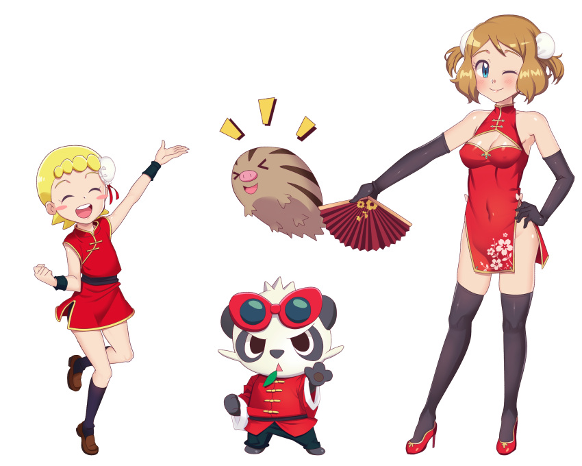 &gt;_&lt; 2girls absurdres alternate_costume arm_up bangs black_legwear blonde_hair blue_eyes blush blush_stickers bonnie_(pokemon) breasts brown_footwear china_dress chinese_clothes chinese_new_year cleavage clenched_hand closed_mouth clothed_pokemon commentary covered_navel dress elbow_gloves english_commentary fan gazing_eye gen_2_pokemon gen_6_pokemon gloves hair_ornament hand_on_hip high_heels highres holding holding_fan light_brown_hair multiple_girls notice_lines one_eye_closed open_mouth pancham pokemon pokemon_(anime) pokemon_(creature) pokemon_xy_(anime) red_footwear serena_(pokemon) shiny shiny_hair shiny_skin shoes smile socks standing swinub thighhighs tongue transparent_background upper_teeth wristband |d