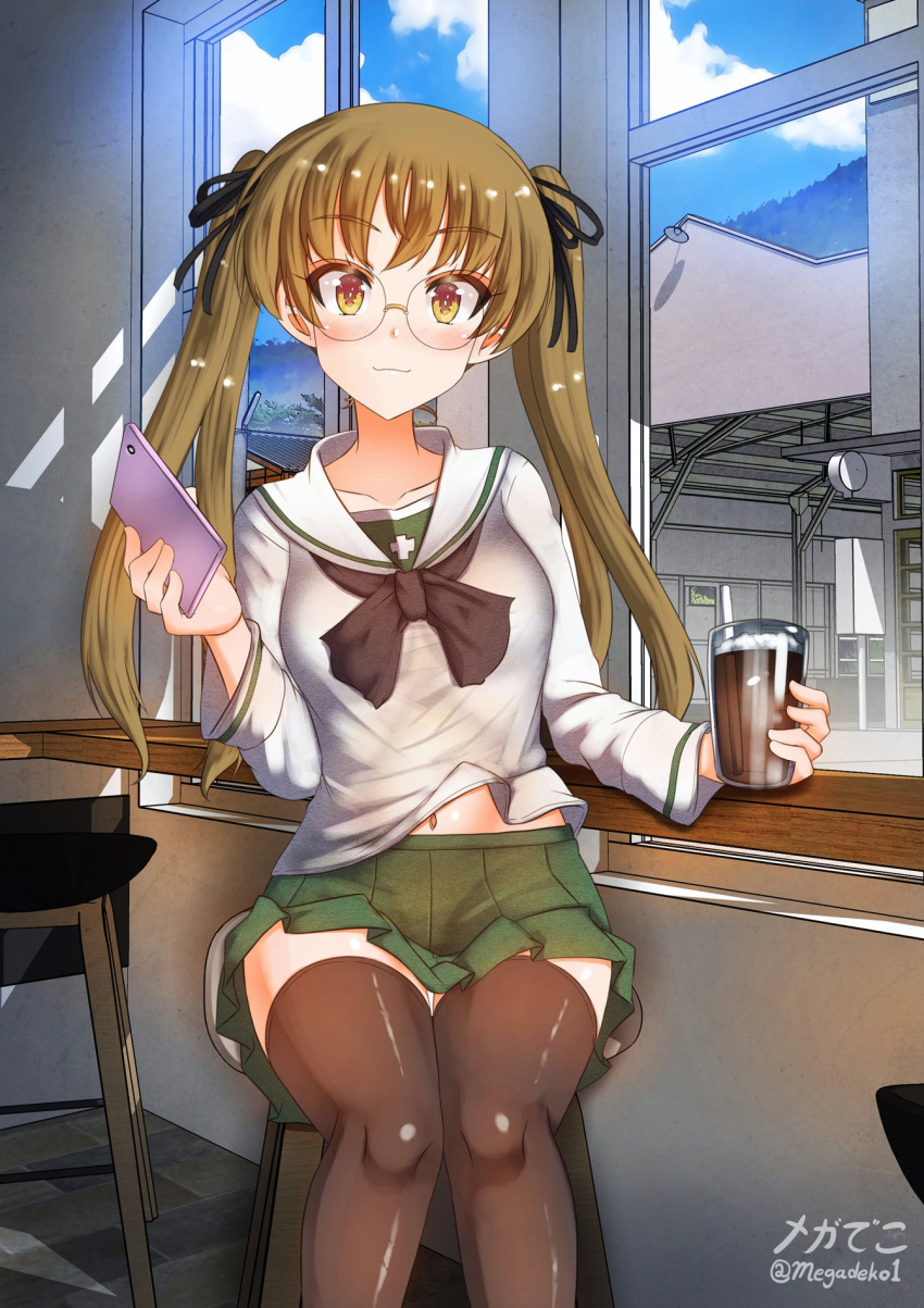 1girl aquaegg black_legwear blonde_hair blush breasts cellphone closed_mouth collarbone cup drink girls_und_panzer glass glasses highres holding holding_cup indoors iphone long_hair looking_at_viewer microskirt navel oono_aya phone shiny shiny_hair shiny_skin sitting skirt small_breasts smartphone smile solo thighhighs twintails window yellow_eyes