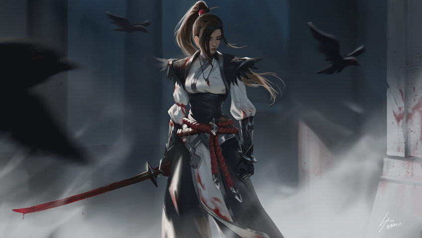 1girl akane_sgail bird blood bloody_clothes bloody_weapon brown_hair closed_eyes gloves jewelry katana lips long_hair motion_blur original pendant ponytail raikoart signature solo standing sword weapon wind