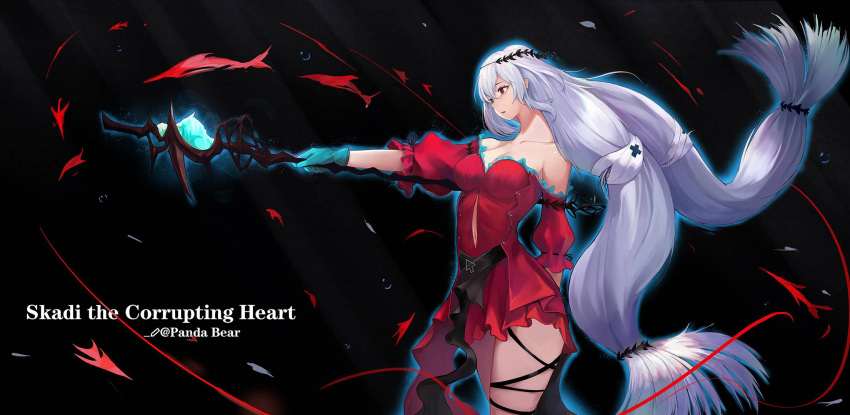 1girl arknights bangs bare_shoulders black_background blue_gloves breasts character_name cleavage cowboy_shot dress gloves highres holding holding_staff long_hair long_sleeves low-tied_long_hair medium_breasts no_hat no_headwear off-shoulder_dress off_shoulder red_dress red_eyes silver_hair skadi_(arknights) skadi_the_corrupting_heart_(arknights) solo staff standing very_long_hair wuguno_ziran_juan