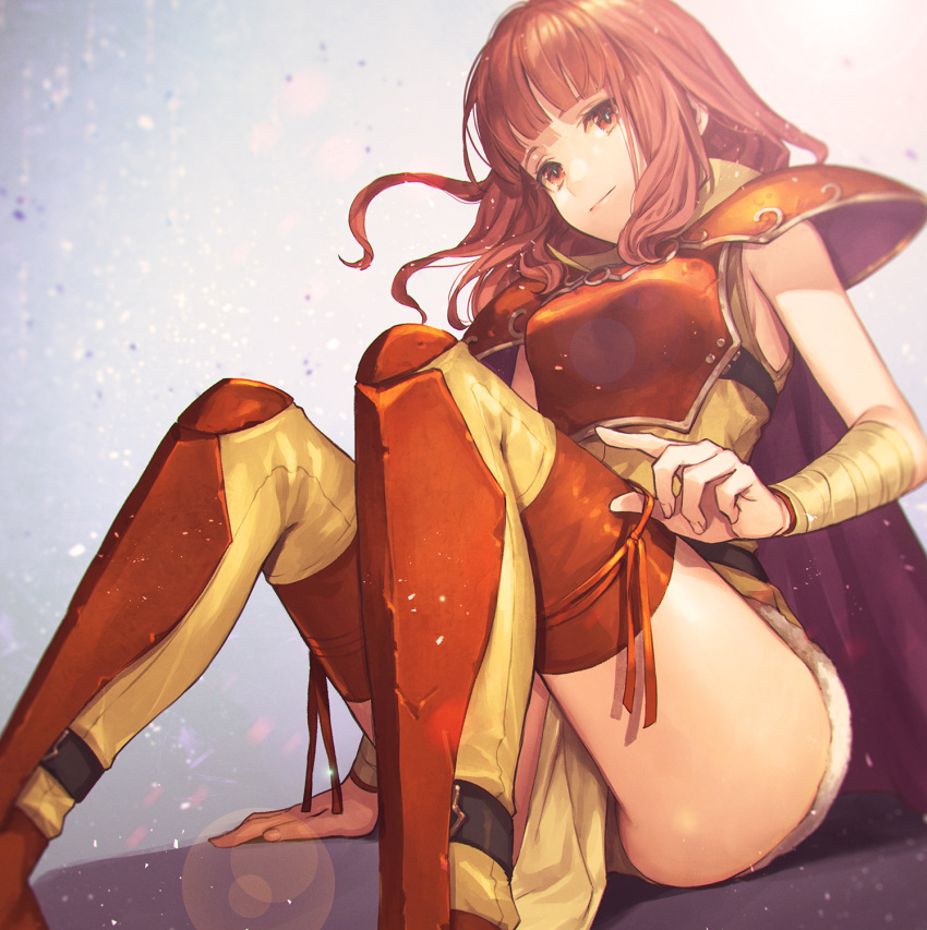 1girl armor bandaged_arm bandages bangs bloom blunt_bangs blurry blurry_background bokeh breastplate cape celica_(fire_emblem) closed_mouth depth_of_field feet_out_of_frame fire_emblem fire_emblem_echoes:_shadows_of_valentia fire_emblem_gaiden fire_emblem_heroes furikawa_arika gradient gradient_background grey_background hand_on_thigh high_collar highres lens_flare light_particles long_hair motion_blur pauldrons pelvic_curtain red_eyes red_hair ribbon shin_guards shoulder_armor sitting sleeveless solo strap thighhighs thighs