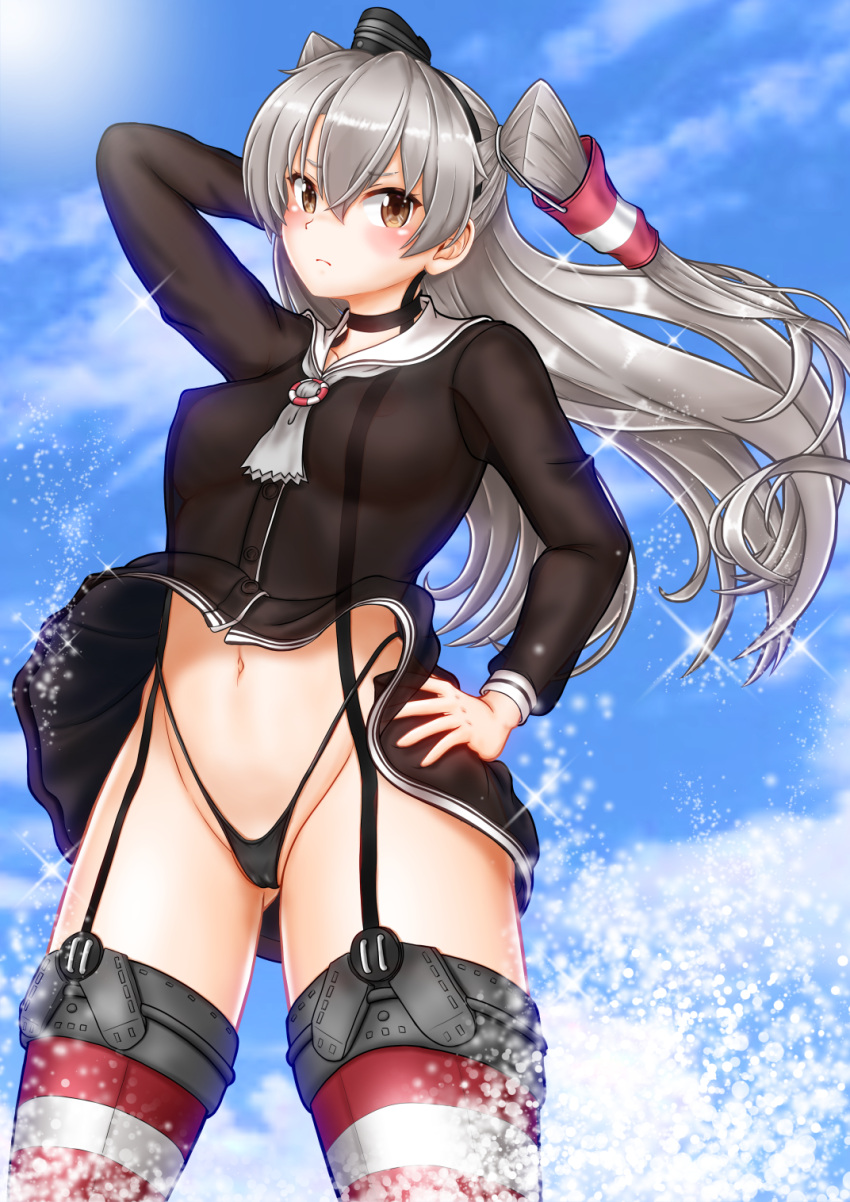 1girl amatsukaze_(kancolle) black_dress black_panties blue_sky blush breasts clothes_lift cloud commentary_request covered_nipples cowboy_shot dress dress_lift eyebrows_visible_through_hair garter_straps grey_neckwear hair_tubes hand_on_hip hat highleg highleg_panties highres kantai_collection lifebuoy_ornament long_hair long_sleeves looking_at_viewer medium_breasts mini_hat navel neckerchief nipples panties panties_over_garter_belt red_legwear sailor_collar sailor_dress see-through short_dress silver_hair sky sleeve_cuffs smokestack_hair_ornament solo striped striped_legwear thighhighs two_side_up underwear ura_tomomi white_sailor_collar wind wind_lift windsock