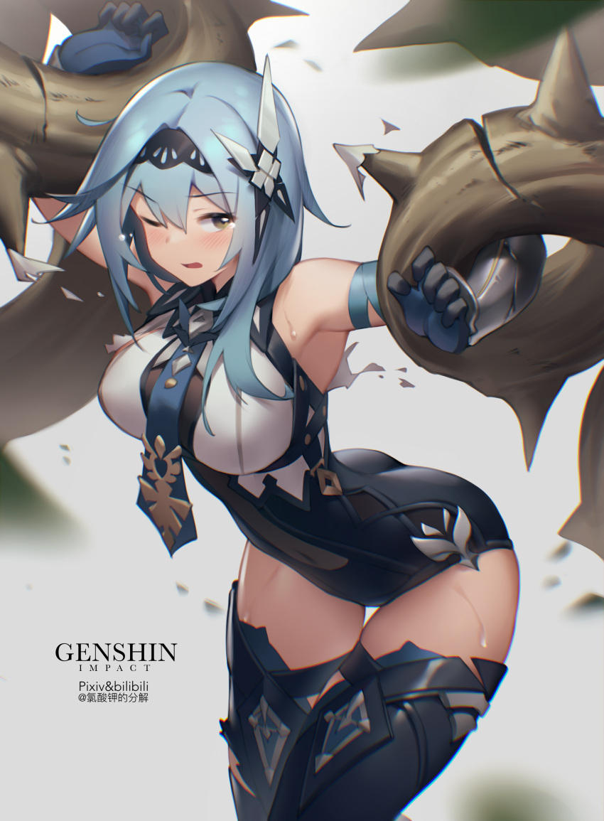 1girl absurdres arm_up armpits ass bare_shoulders between_breasts bilibili_xiaolu black_legwear blue_hair blue_neckwear blush bodystocking bound bound_arms breasts center_opening covered_navel eula_lawrence genshin_impact gloves hairband highres huge_filesize leotard long_sleeves looking_at_viewer medium_breasts medium_hair necktie necktie_between_breasts one_eye_closed open_mouth plant restrained solo sweat thighhighs thighs thorns vambraces vines yellow_eyes