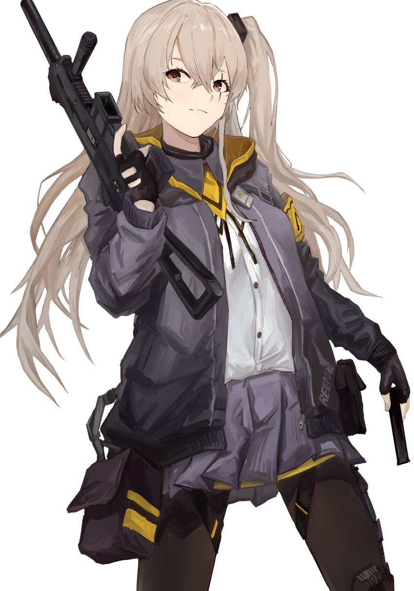 1girl black_jacket black_legwear brown_hair commentary_request girls_frontline gloves gun h&amp;k_ump45 highres jacket long_hair looking_at_viewer object_namesake one_side_up pantyhose scar scar_across_eye shirt solo submachine_gun ump45_(girls_frontline) weapon white_background yao_yang