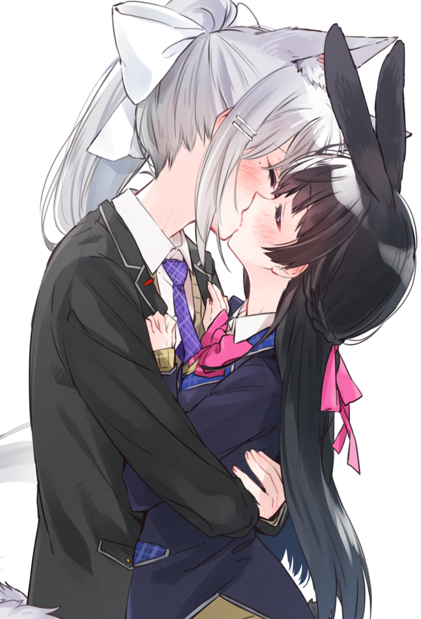 2girls animal_ear_fluff animal_ears bangs black_hair black_jacket blazer blush bow bowtie bunny_ears closed_eyes commentary_request eyebrows_visible_through_hair french_kiss from_side hair_bow hair_ornament hair_ribbon hairclip highres higuchi_kaede hug jacket kemonomimi_mode kiss long_hair long_sleeves mole mole_under_eye multiple_girls myama necktie nijisanji pink_bow pink_neckwear pink_ribbon ponytail purple_neckwear ribbon school_uniform silver_hair simple_background tsukino_mito very_long_hair virtual_youtuber white_background white_bow yuri