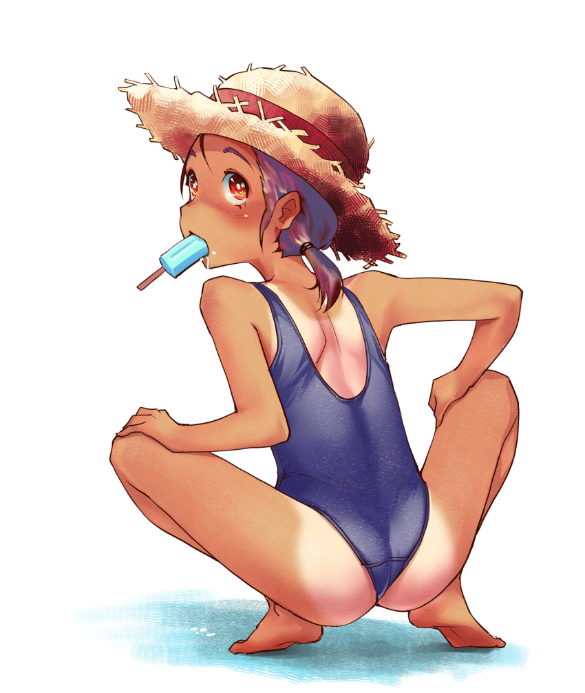 1girl ass barefoot blue_swimsuit commentary_request food from_behind full_body gekkou_(geccomajin) hat highres long_hair looking_up low_ponytail mouth_hold one-piece_tan original popsicle purple_hair red_eyes school_swimsuit shoulder_blades simple_background solo straw_hat swimsuit tan tanline white_background